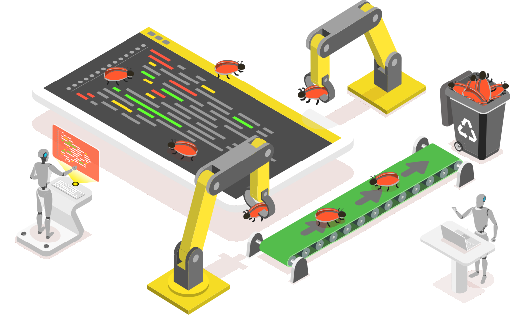 Factory with robots removing bugs representing continuous integration