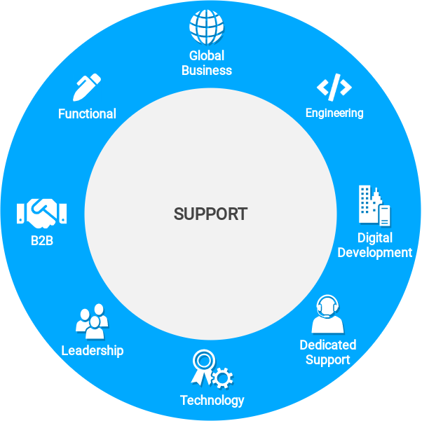 Support in global business, engineering, digital development, technology, leadership, b2b, functional